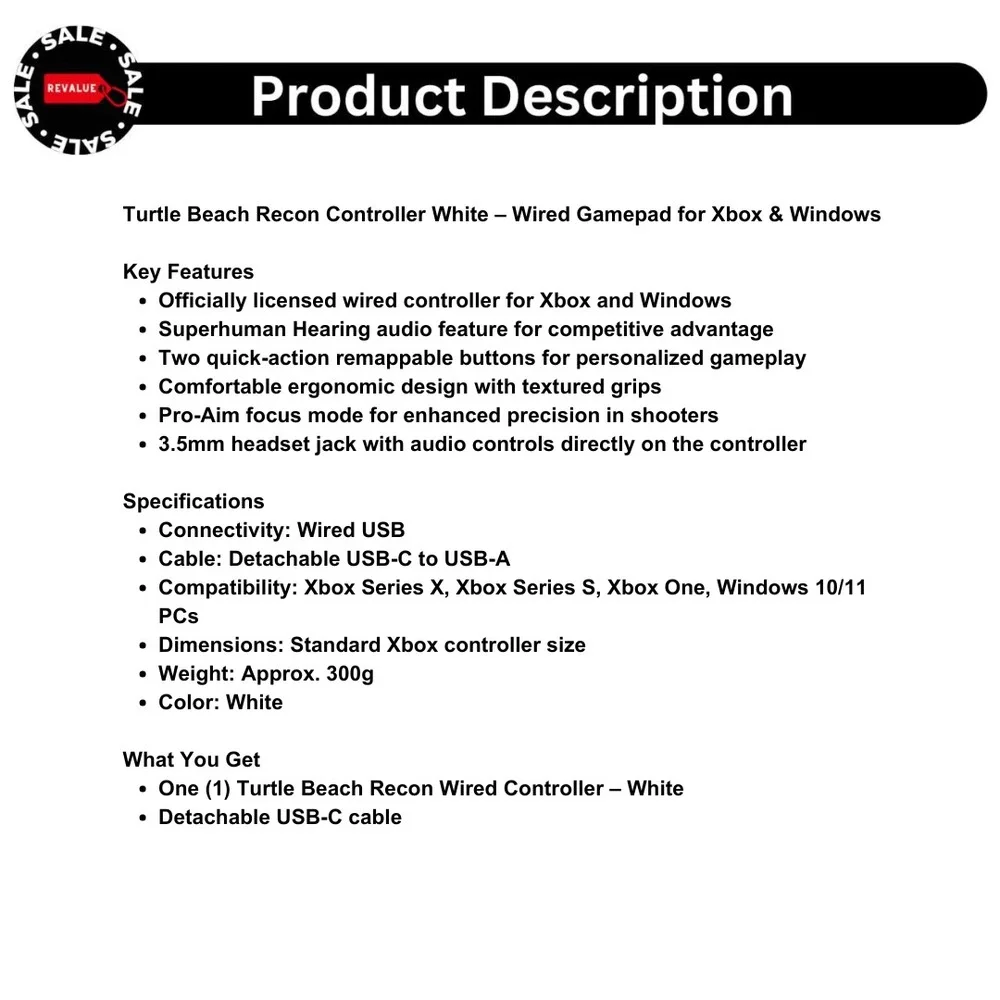 Turtle Beach Recon Controller‎ White – Wired Gamepad for Xbox & Windows